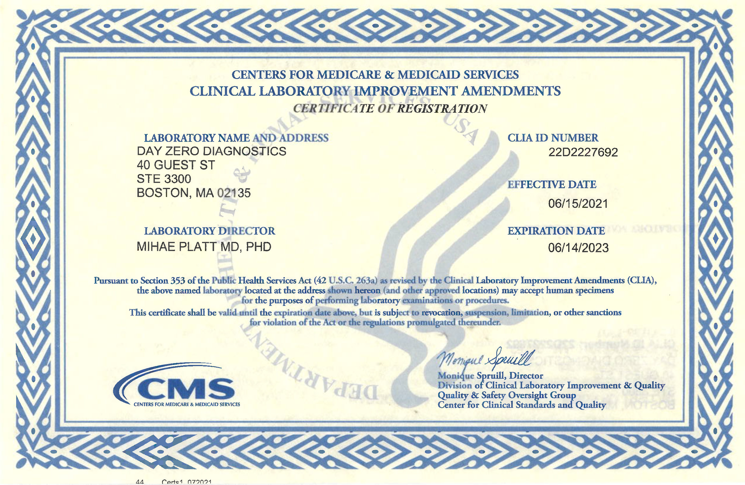 DZD CLIA Certificate of Registration