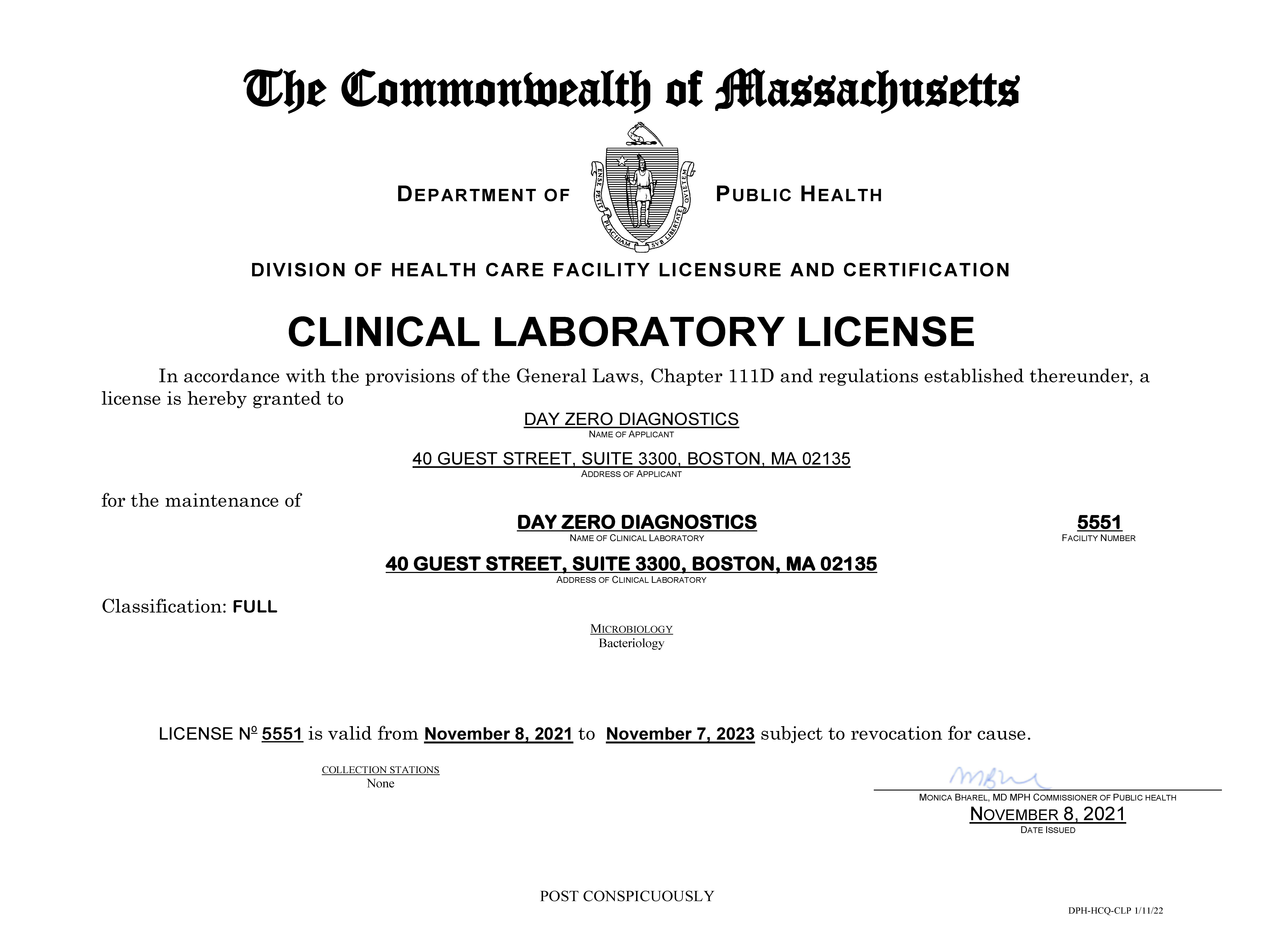 Day Zero Diagnostics Clinical Laboratory License